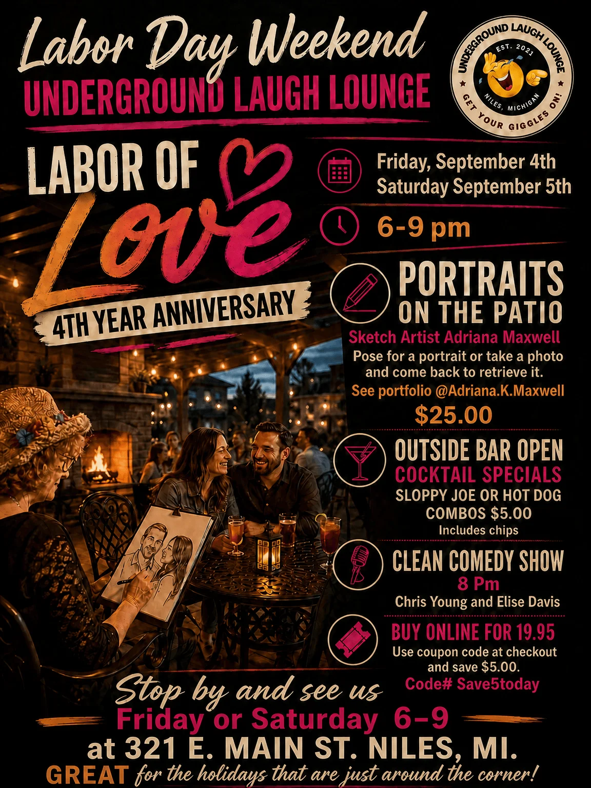 Poster for 4th Anniversary Party for ULL – Labor of Love Event – Saturday