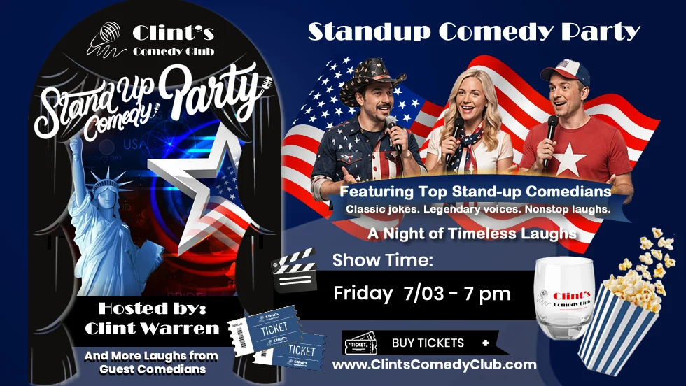 Poster for 4th of July Weekend Comedy Party on July 3rd
