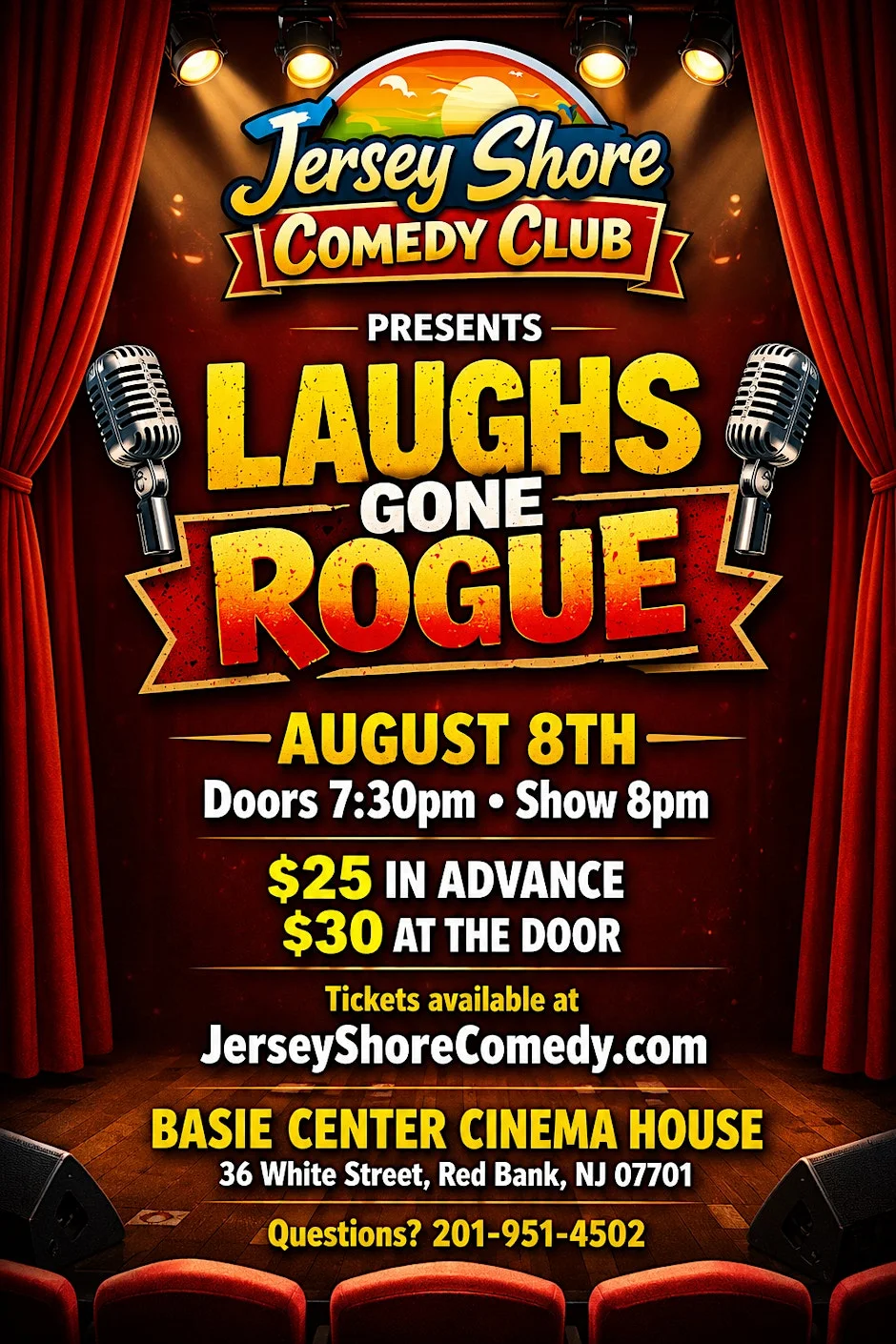 Poster for Jersey Shore Comedy Club - Laughs Gone Rogue - August 8th - Red Bank NJ