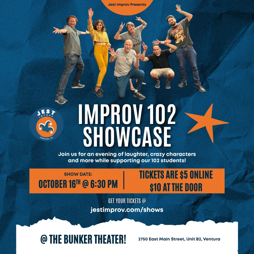 Poster for Jest Improv's 102 Comedy Showcase!
