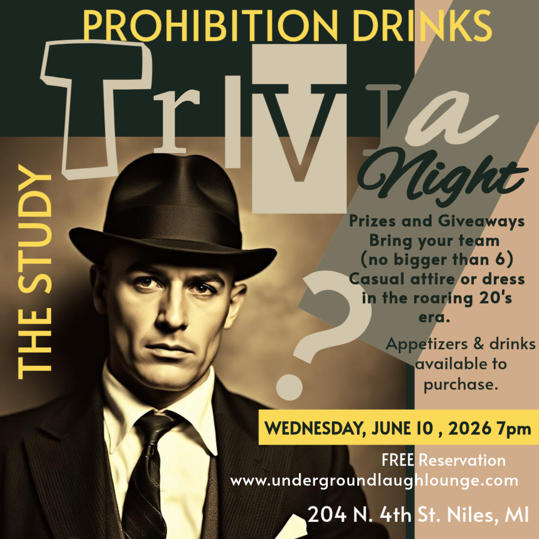 Poster for Free Event – Roaring 20s Prohibition Trivia Night in The Study