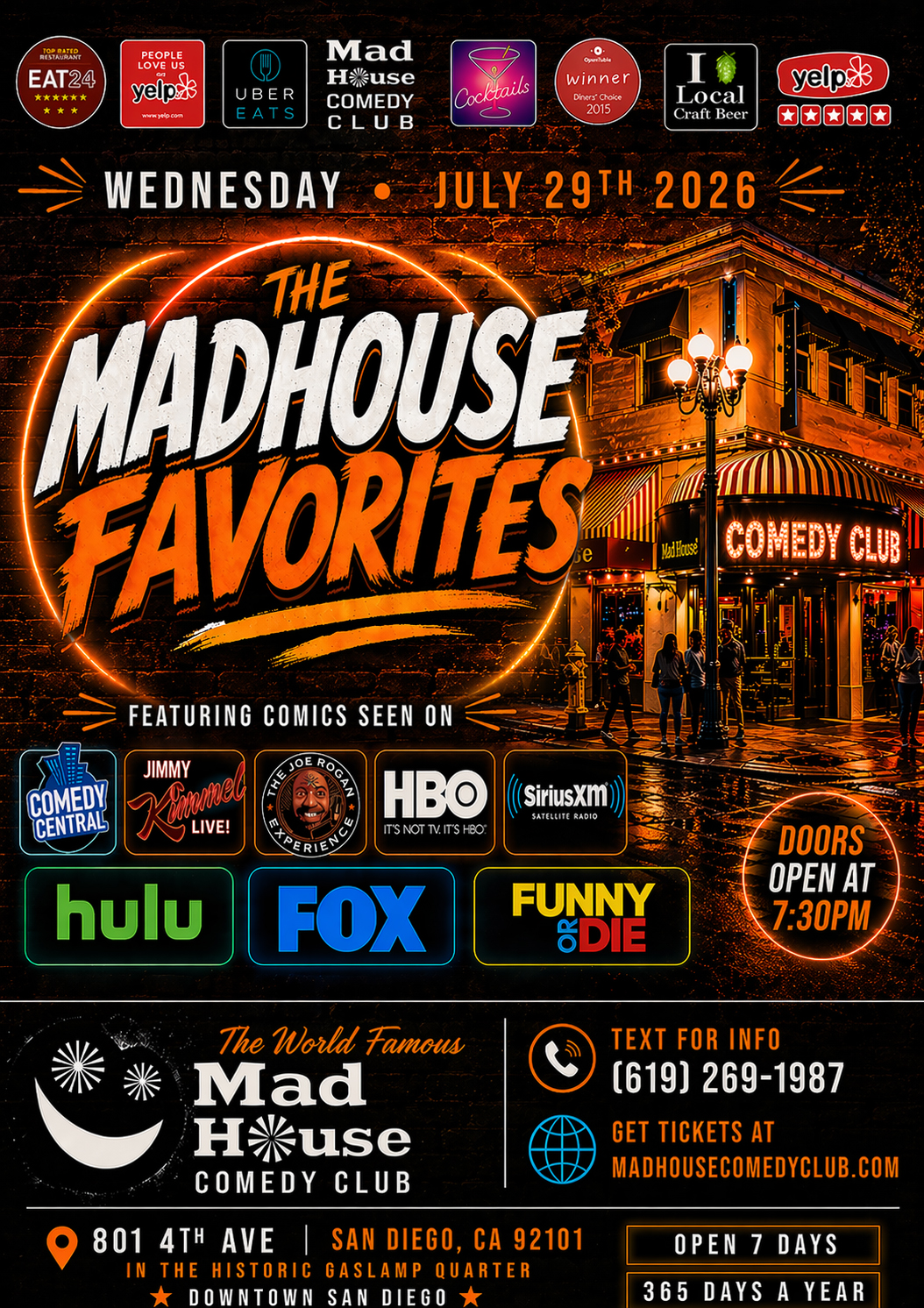 Poster for It’s The World Famous Mad House Comedy Club Favorites Show starring 8 hilarious standup comedians all on one show!