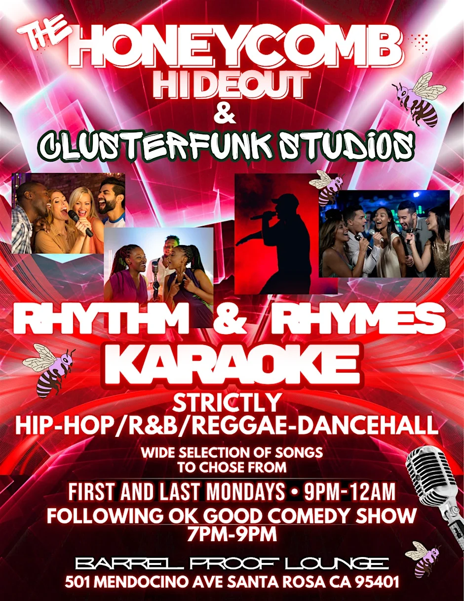 Poster for Rhythm & Rhymes Karaoke – Honeycomb Hideout & Clusterfunk Studios