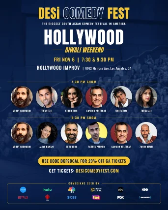Poster for Desi Comedy Fest ft. Abhay Nadkarni, Samson Koletkar, Kiran Deol, Zahra Ali, Feraz Ozel. Shilpa Das