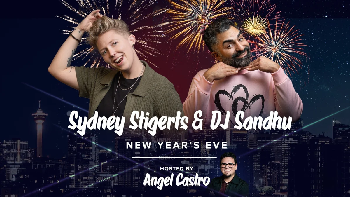 Poster for Last Laughs NYE Show with DJ Sandhu & Sydney Stigerts
