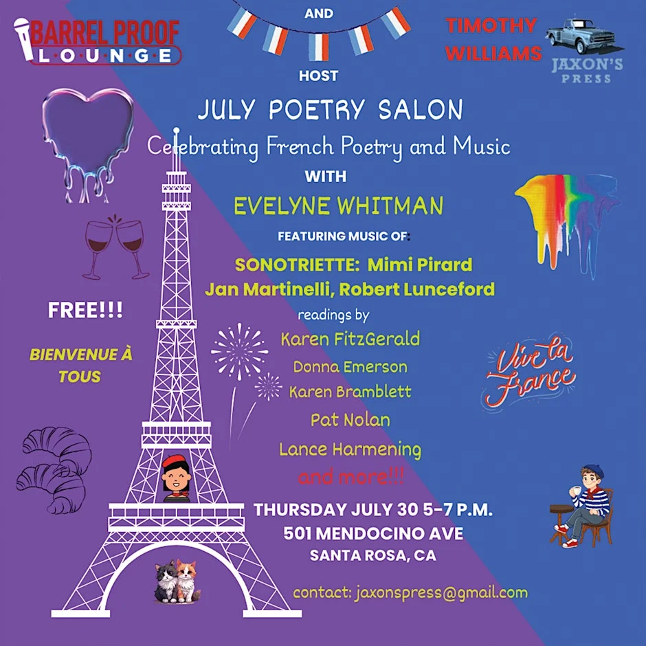 Poster for July Poetry Salon: Celebrating French Poetry & Music in Downtown Santa Rosa