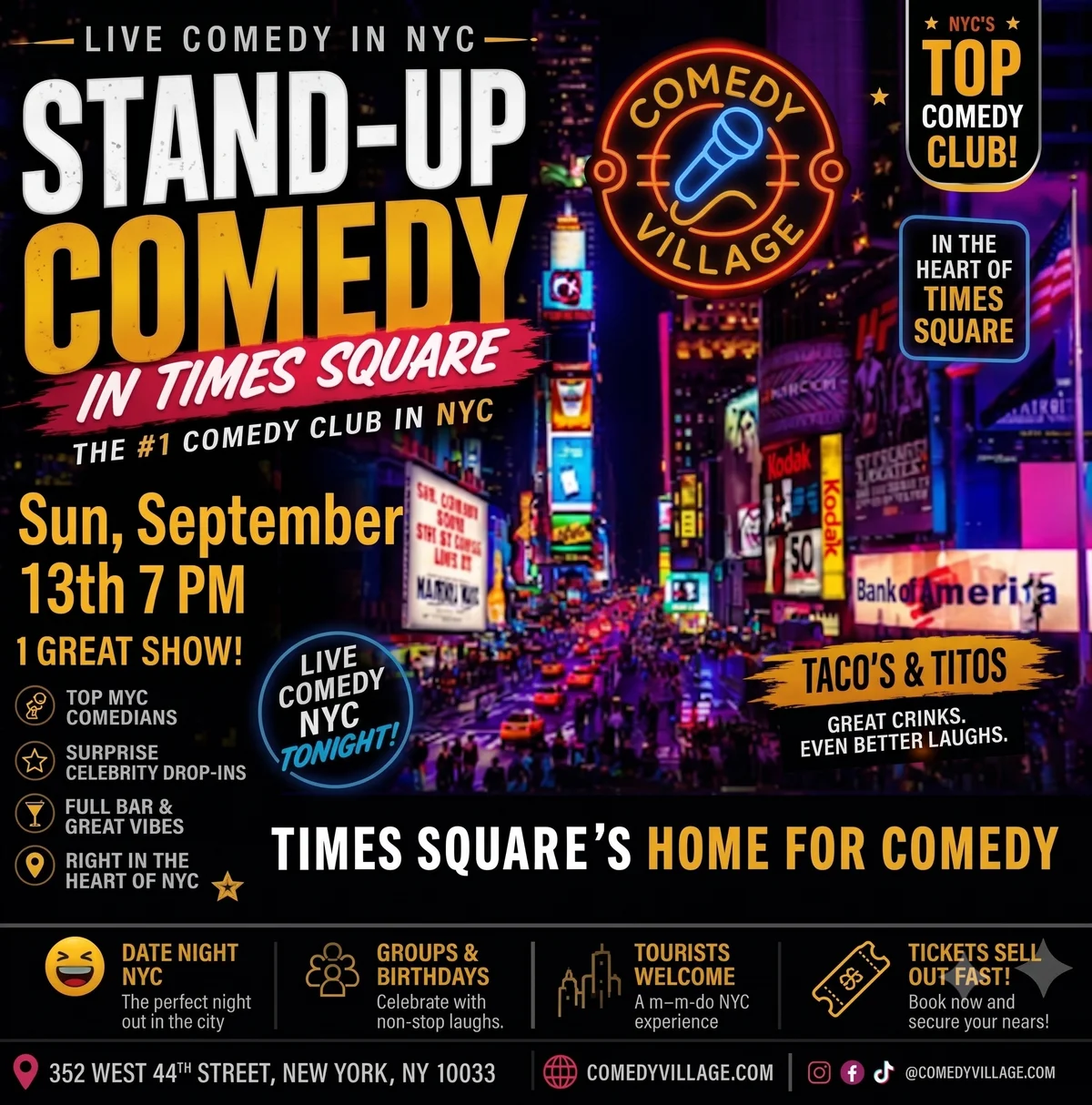 Poster for Times Square Comedy | Sun, September 13th @7 PM