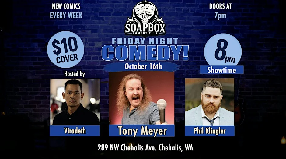 Poster for Friday night comedy featuring Tony Meyer!