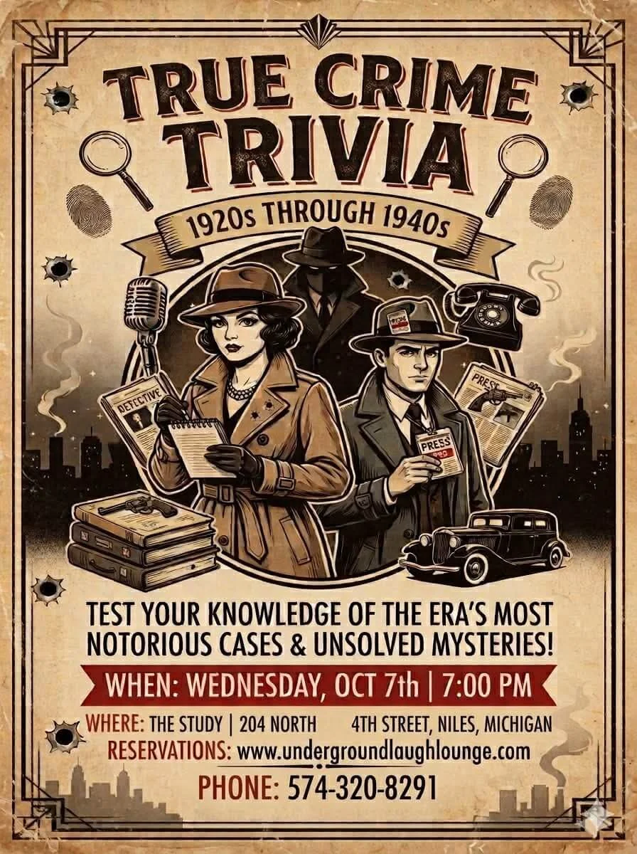 Poster for True Crime Trivia Night at The Study