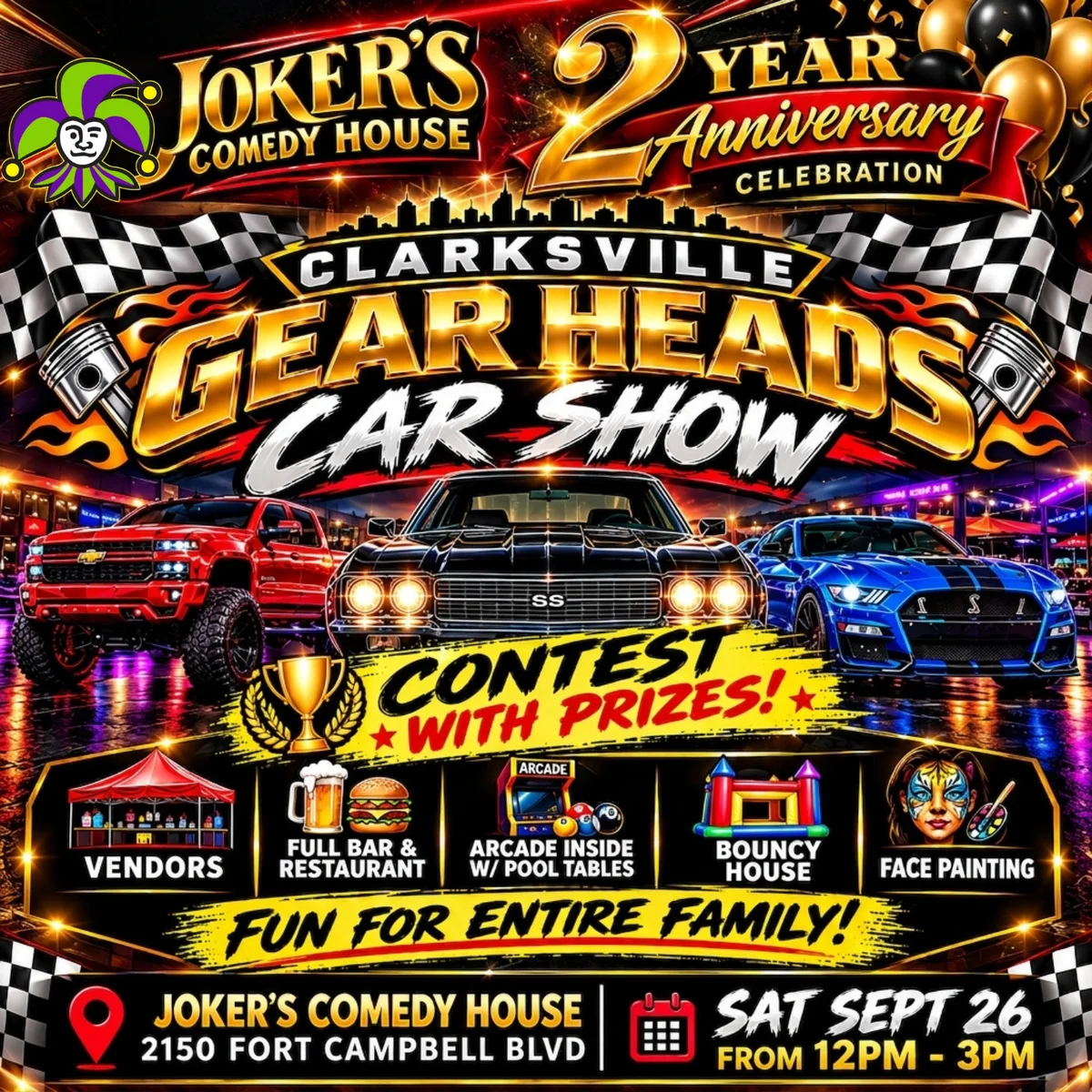 Poster for Clarksville Gearheads Car Show (Joker's Comedy House 2 Year Celebration)
