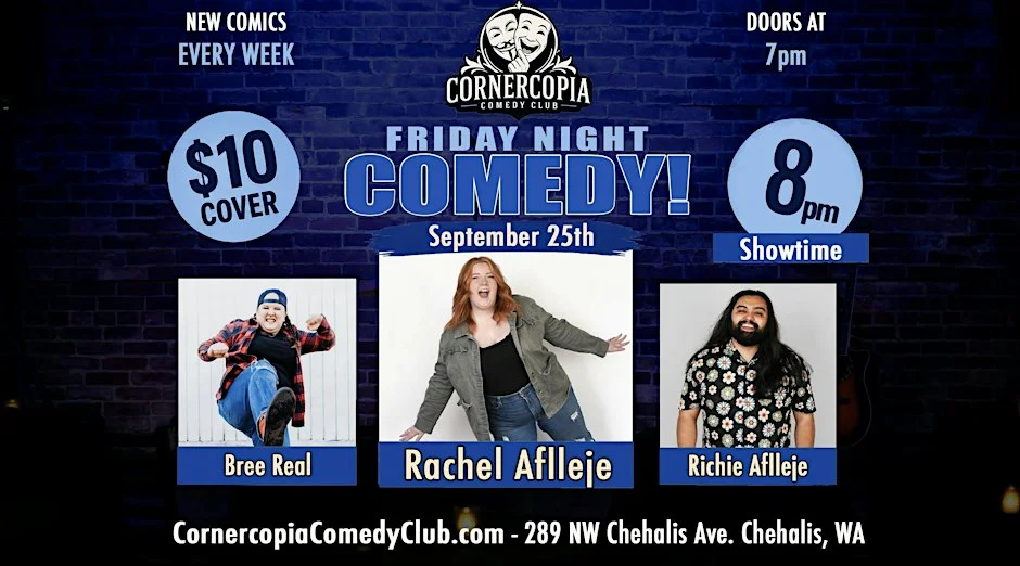 Poster for Friday night comedy featuring Rachel Aflleje!