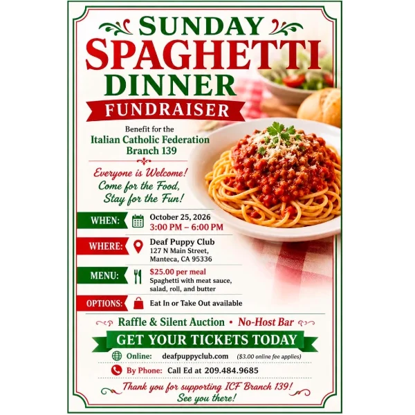 Poster for I.C.F. Branch 139 Sunday Spaghetti Dinner Fundraiser
