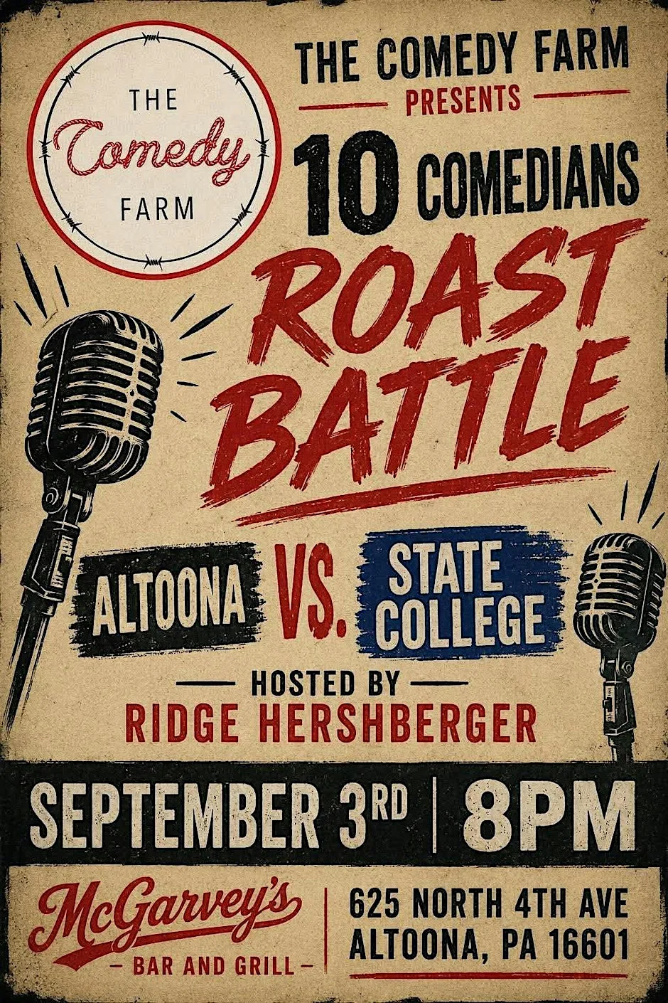 Poster for Roast Battle | The Comedy Farm | Sept 3 | 8:00 PM| $10 | McGarvey's Altoona