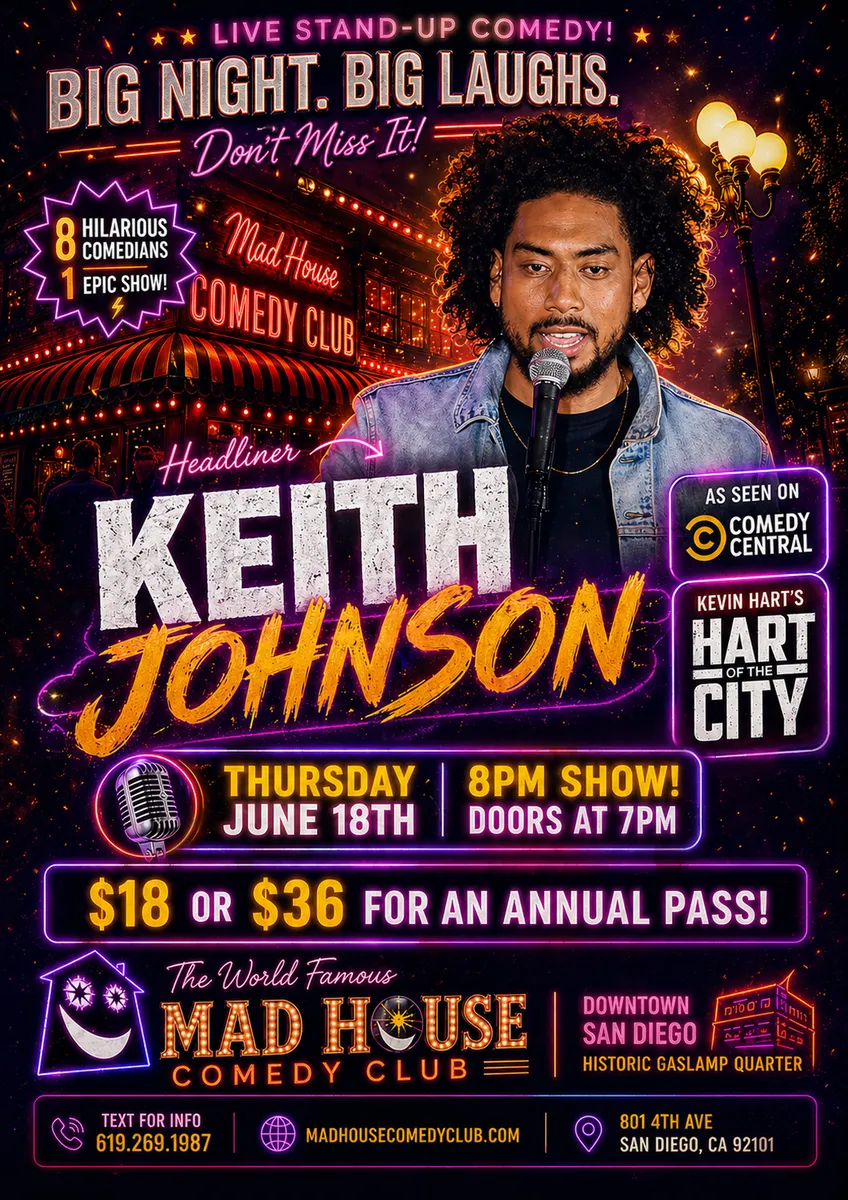Poster for The Mad House Favorites Show starring Keith Johnson as seen on Comedy Central, Kevin Hart’s hit show Hart of the City and more! Plus another 7 awesome comedians all on one show!