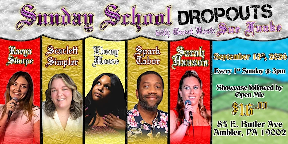 Poster for Sunday School Dropouts- A Standup Showcase hosted by Erin Dohony