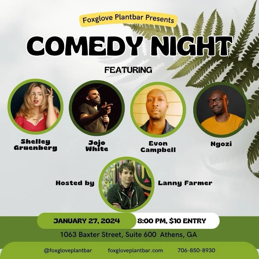 Poster for Standup Comedy at Foxglove Plant Bar hosted by Lanny Farmer