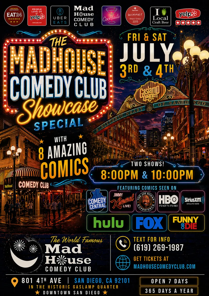 Poster for It’s The World Famous Mad House Comedy Club’s 8 Comedian Showcase Special starring 8 amazing stand up comedians all on one show!