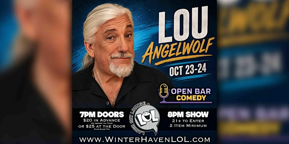 Poster for Lou Angelwolf from Open Bar Comedy!