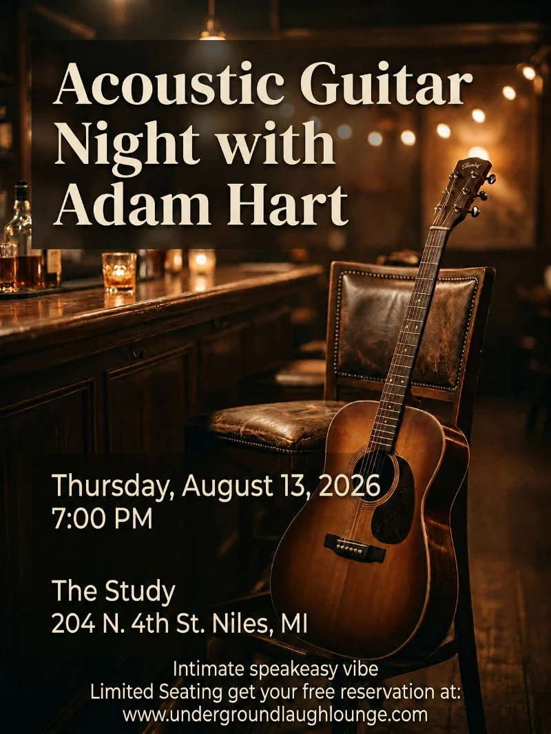 Poster for Acoustic Guitar Night with Adam Hart at The Study