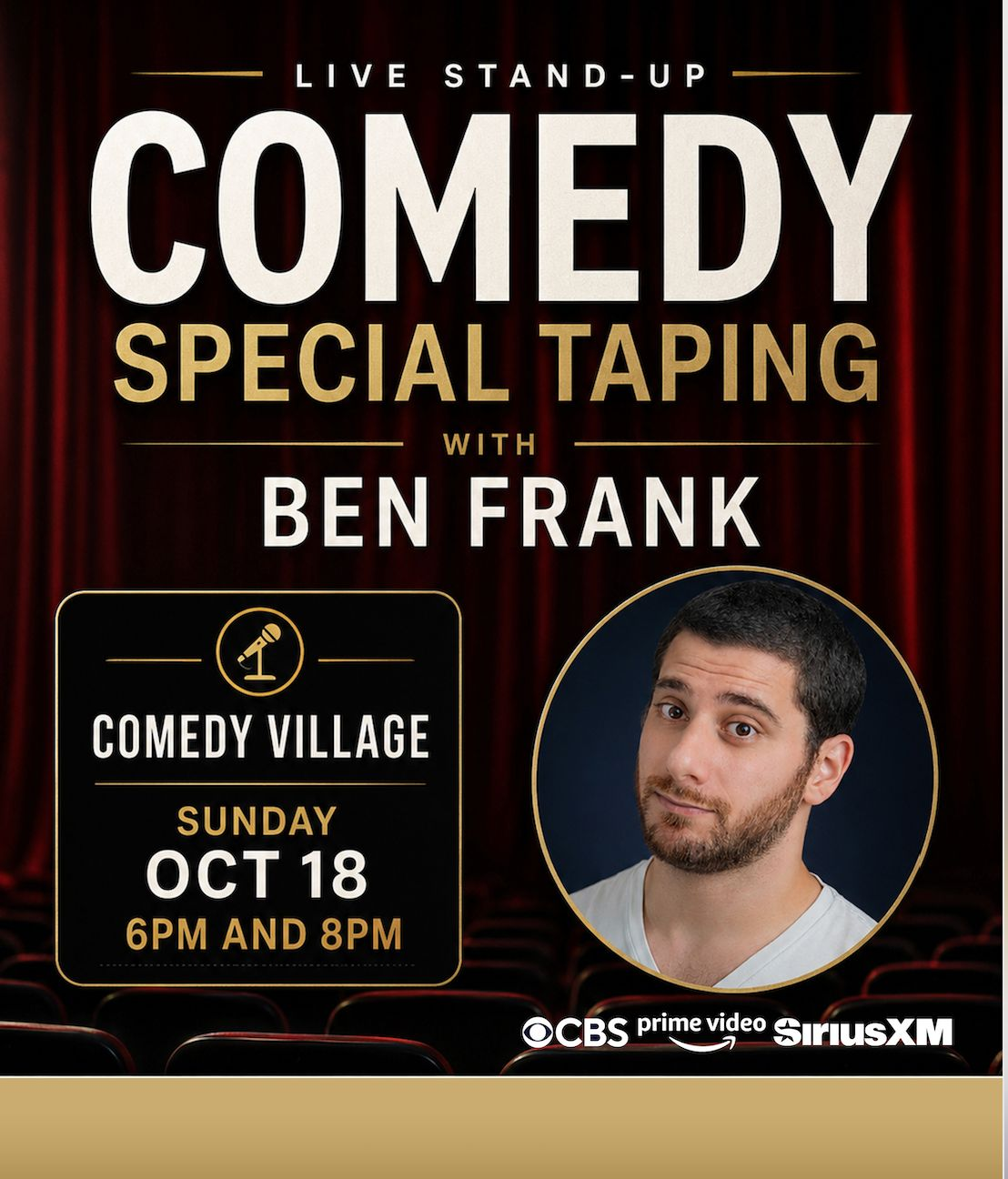 Poster for Comedy Special with Ben Frank | Sun, Oct 18th @6 PM