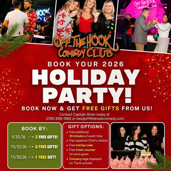 Poster for Book your Holiday Party at Off the Hook Comedy Club!