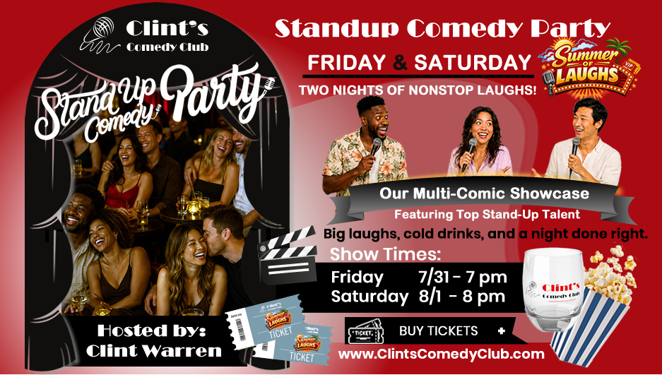 Poster for Summer of Laughs Comedy Party is on July 31st - Aug 1st
