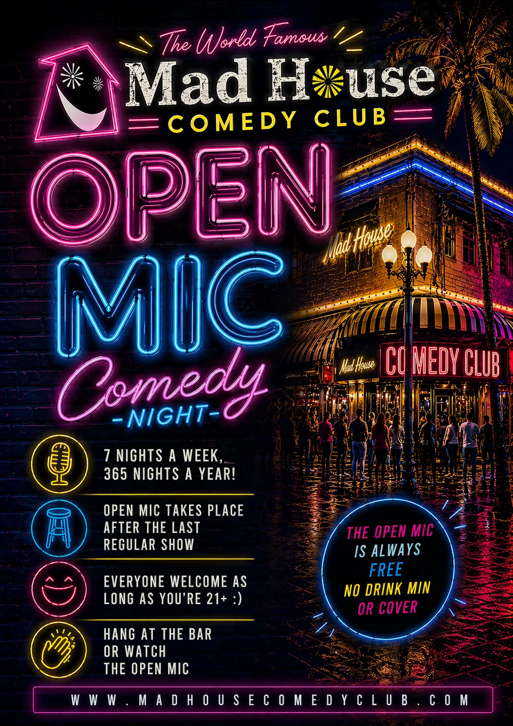 Poster for FREE Open Mic Comedy Night at The World Famous Mad House Comedy Club – Watch careers start and dreams die… 5 minutes at a time!