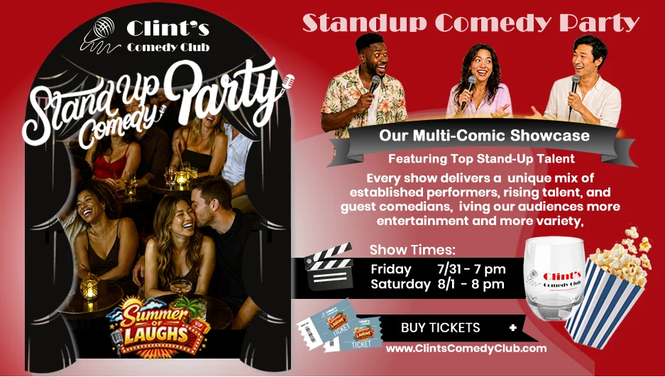Poster for Summer of Laughs Comedy Party is on July 31st - Aug 1st