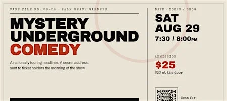 Poster for Mystery Underground Comedy Event - Palm Beach Gardens