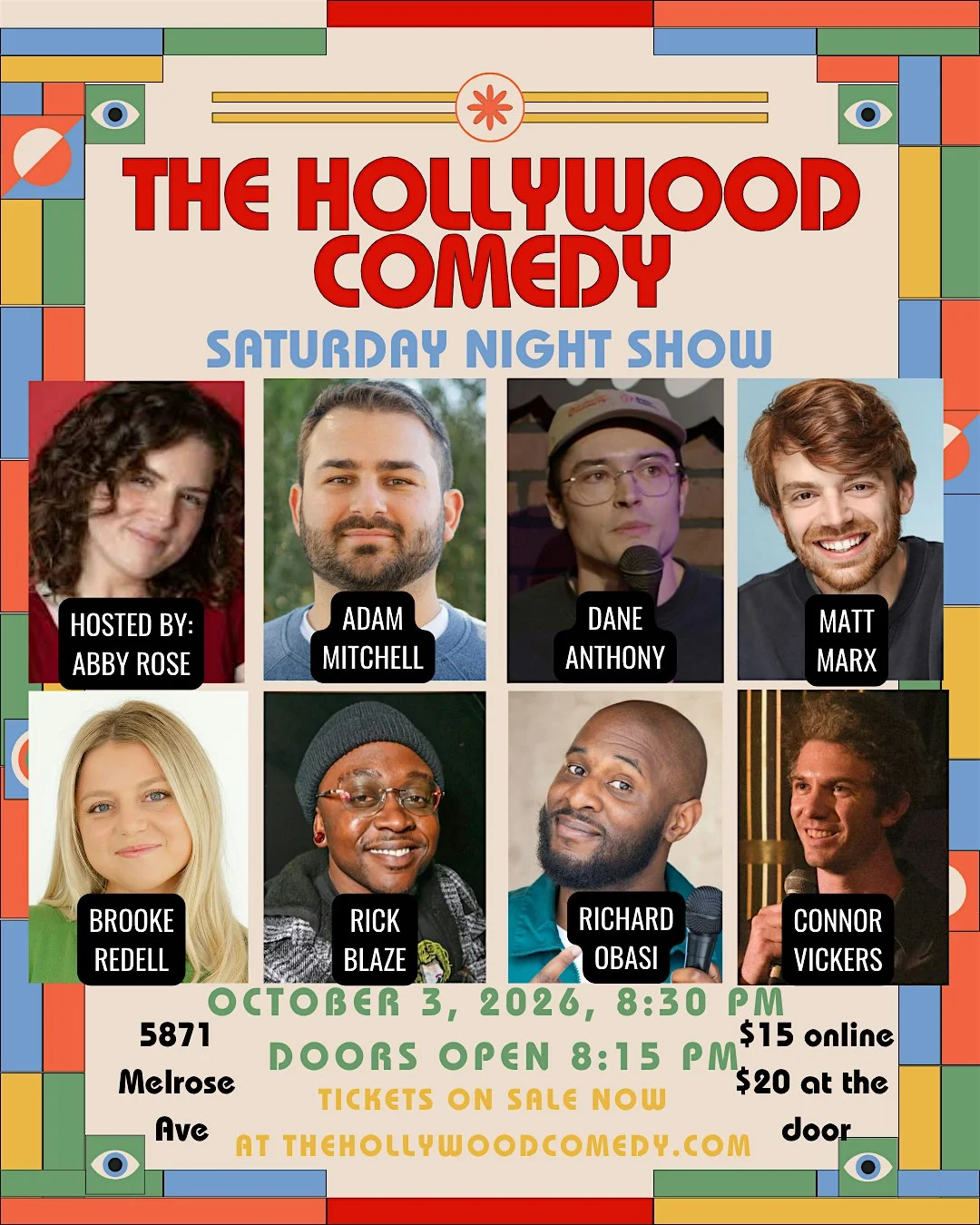 Poster for Saturday Night Standup Comedy Performance at The Hollywood Comedy
