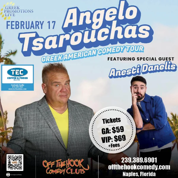 Poster for Greek American Comedy Tour with Angelo Tsarouchas & Anesti Danelis Live in Naples, Florida!
