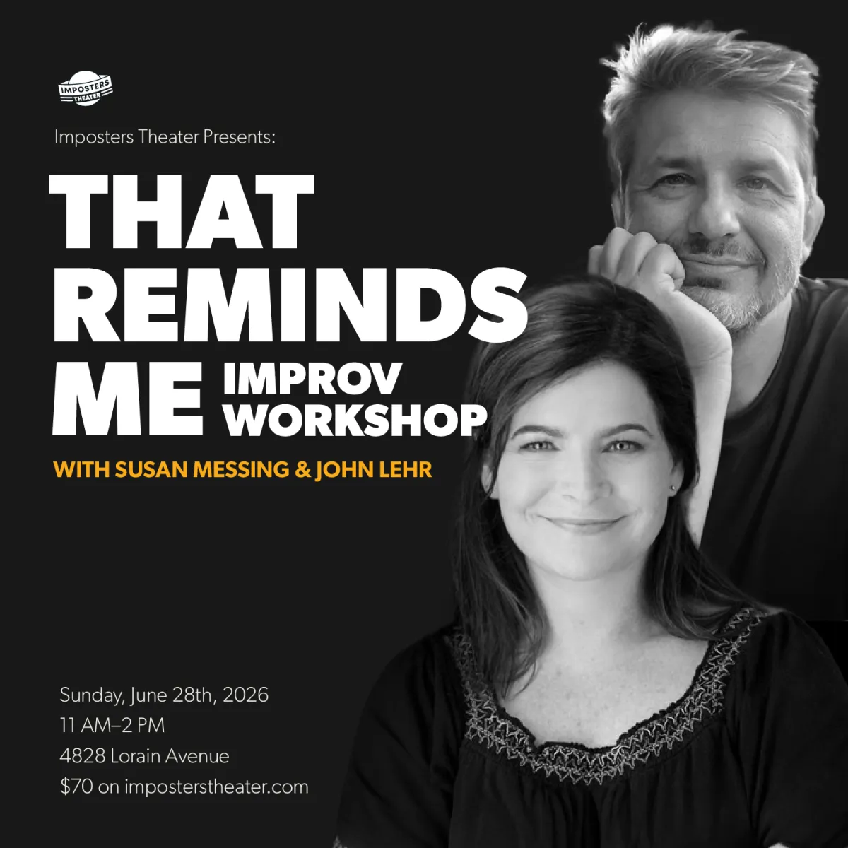 Poster for That Reminds Me: Improv Workshop with Susan Messing & John Lehr