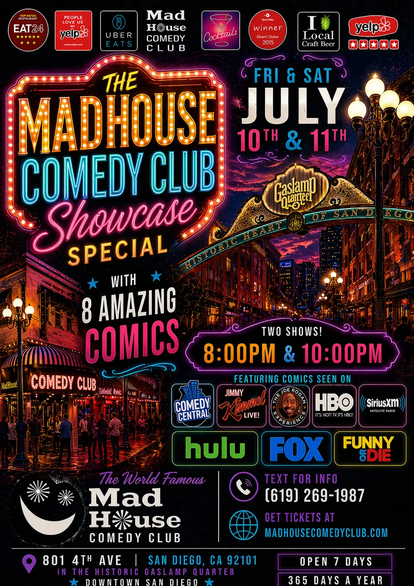 Poster for It’s The World Famous Mad House Comedy Club’s 8 Comedian Showcase Special starring 8 amazing stand up comedians all on one show!