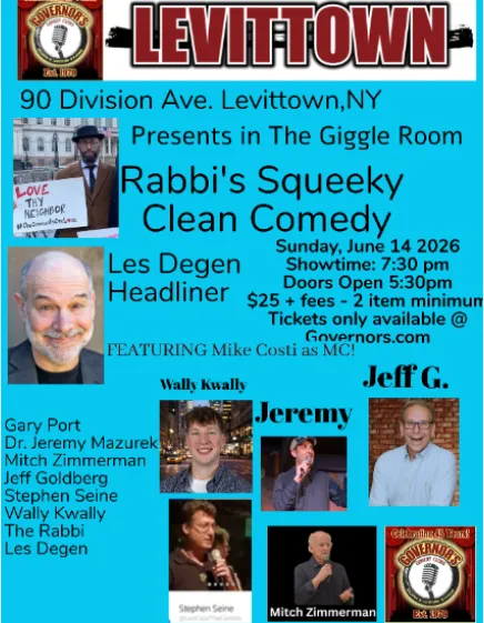 Poster for Rabbi's Squeeky Clean Comedy - SPECIAL EVENT in the Giggle Room - Sunday, 6/14 @ 7:30pm