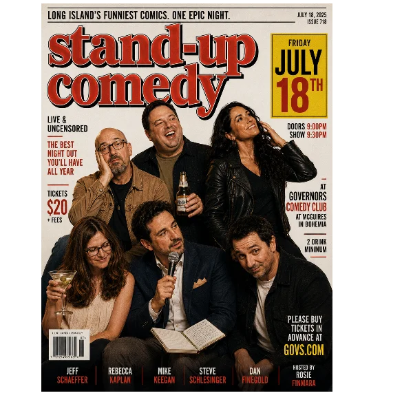 Poster for LONG ISLAND'S FUNNIEST COMICS. ONE EPIC NIGHT - SPECIAL EVENT - SATURDAY, 7/18 @ 9:30PM